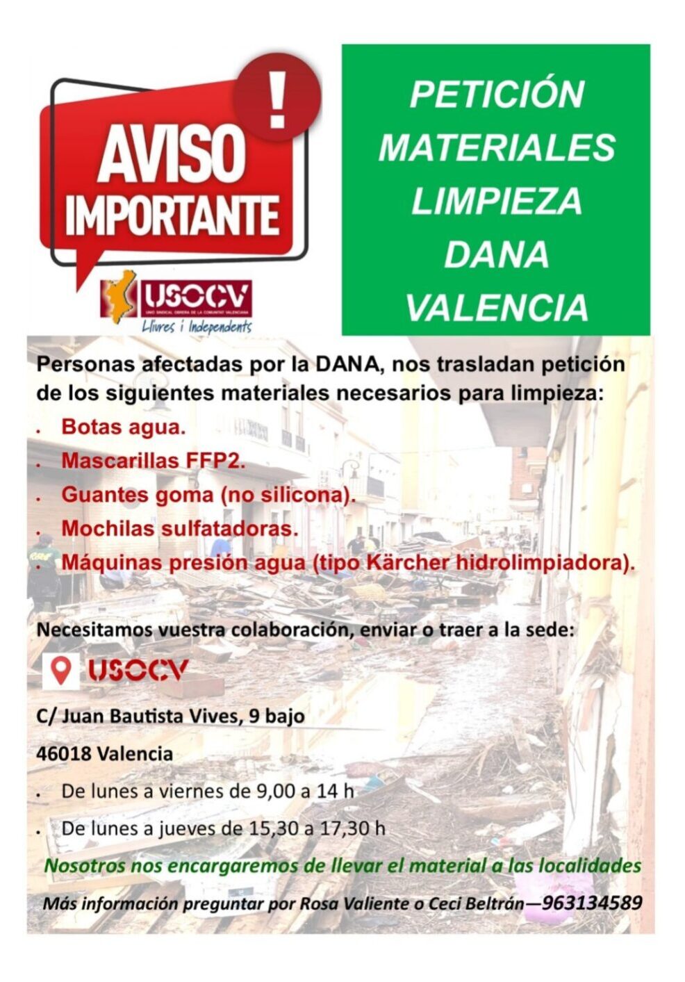 Colaboración con materiales para limpieza, enivios a la sede USOCV en Valencia. 