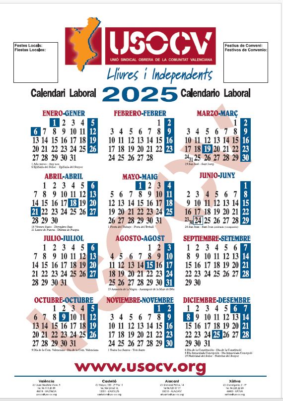 CALENDARIO LABORAL 2025, COMUNITAT VALENCIANA